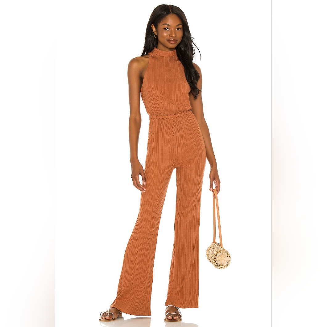 House Of Harlow 1960 Ribbed Cinnamon Brown High-Neck Jumpsuit